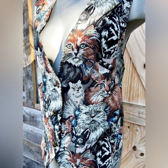 Vintage 90’s Facets by Mirrors Cat Kitten Collage Tapestry Cat Lady Vest~1X~USA - Picture 3 of 7